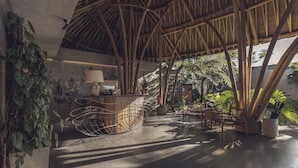 Estructura de bambú con asientos y mostrador de recepción, rodeada de plantas de interior.
