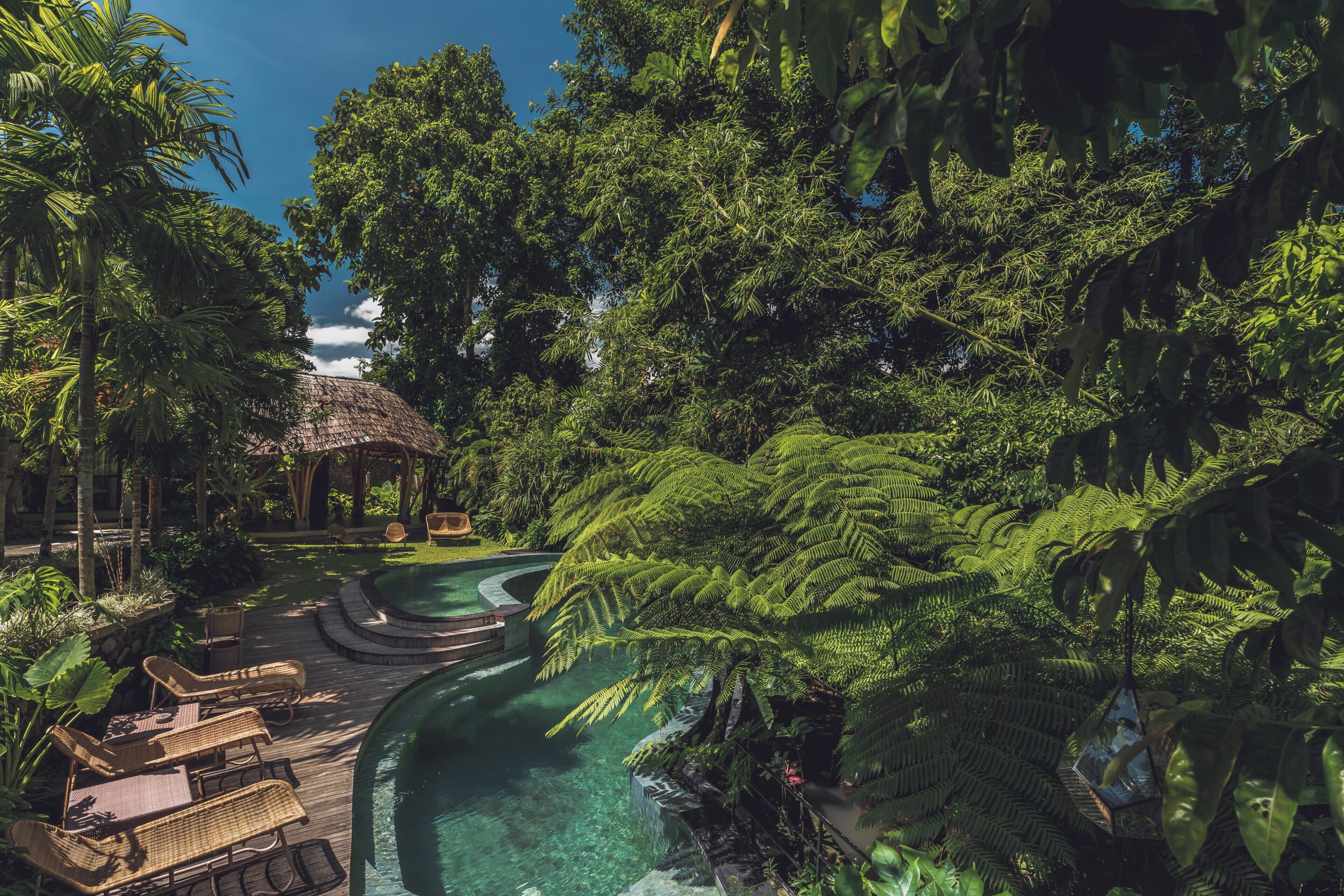 A tropical resort with a pool, lounge chairs, and lush greenery.