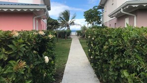 Un camino que lleva a dos edificios rosados, con un cielo despejado y palmeras al fondo.