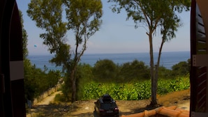 A view through a circular window of a tiled roof, a car parked outside, and trees in the background. - Pyrgaraki Studios and Apartments (Zakynthos)