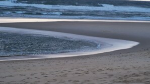 Una spiaggia con onde che si infrangono sulla riva.