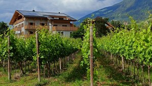 A two-story building with a balcony, surrounded by vineyards, and mountains in the background. - Holiday Apartment "Torgglbauer 2" with Mountain View, Pool, Terrace & Wi-Fi (Meran)