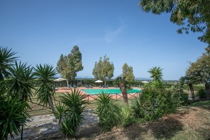 Un espace piscine agrémenté de chaises longues et de parasols, entouré de verdure et d’arbres.