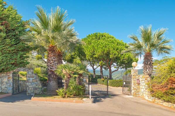 A gated entrance with stone walls, palm trees, and a clear sky.