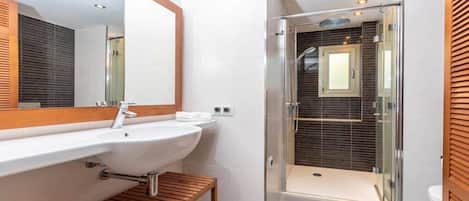 Shower, hair dryer, towels