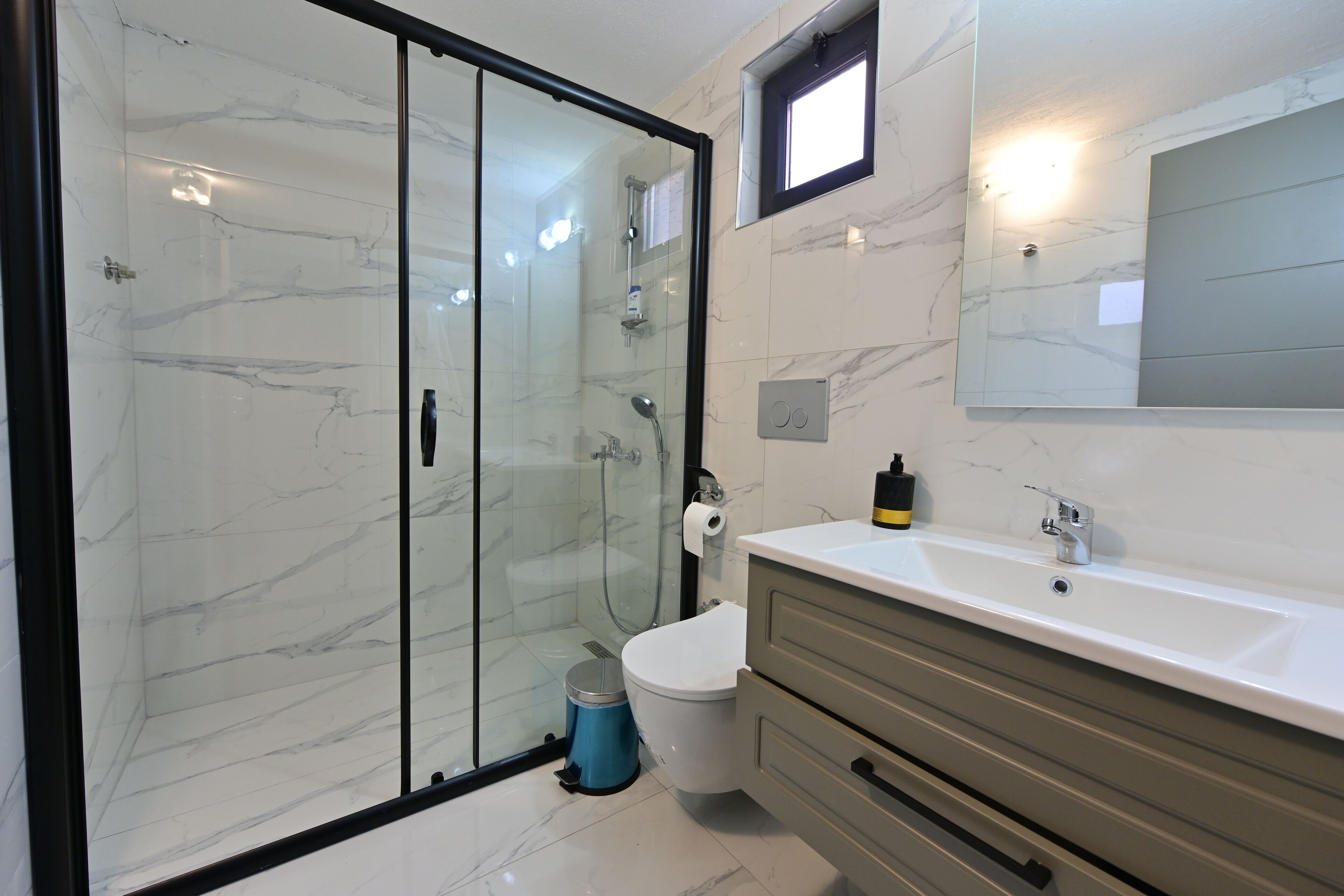 A modern bathroom with a glass-enclosed shower, a white toilet, and a vanity with a mirror.