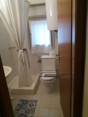 Shower, towels, soap, toilet paper