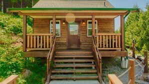 Een houten chalet met een groen dak, een veranda met leuningen, en een trap naar de ingang.