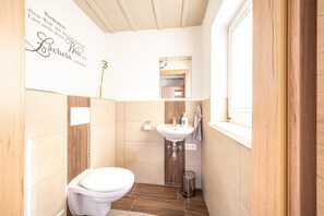Et lille, moderne badeværelse med toilet, vask og spejl.