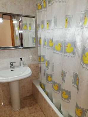 Baignoire, serviettes fournies, papier toilette