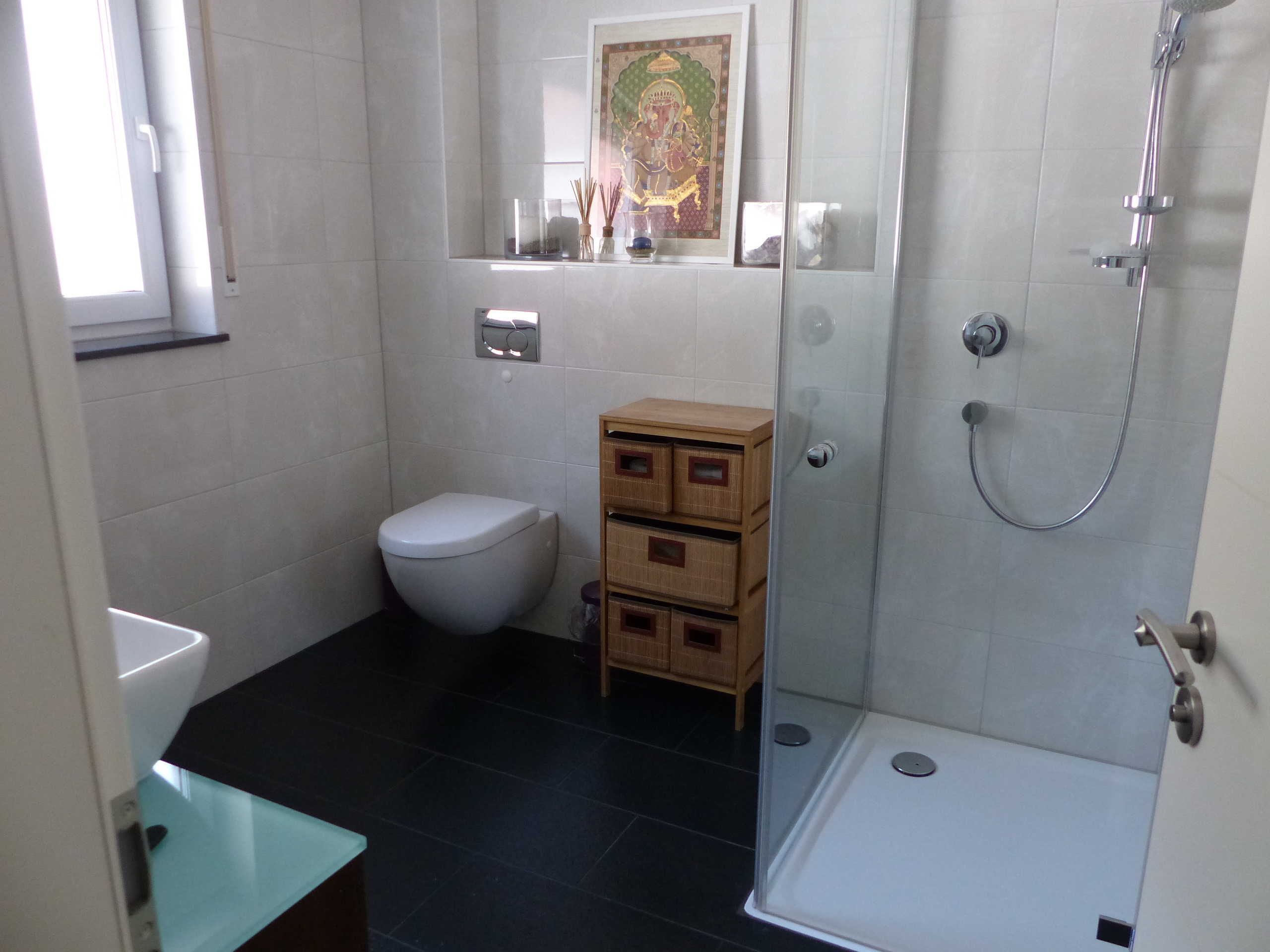 Une salle de bain avec des toilettes, une douche et un petit meuble en bois.