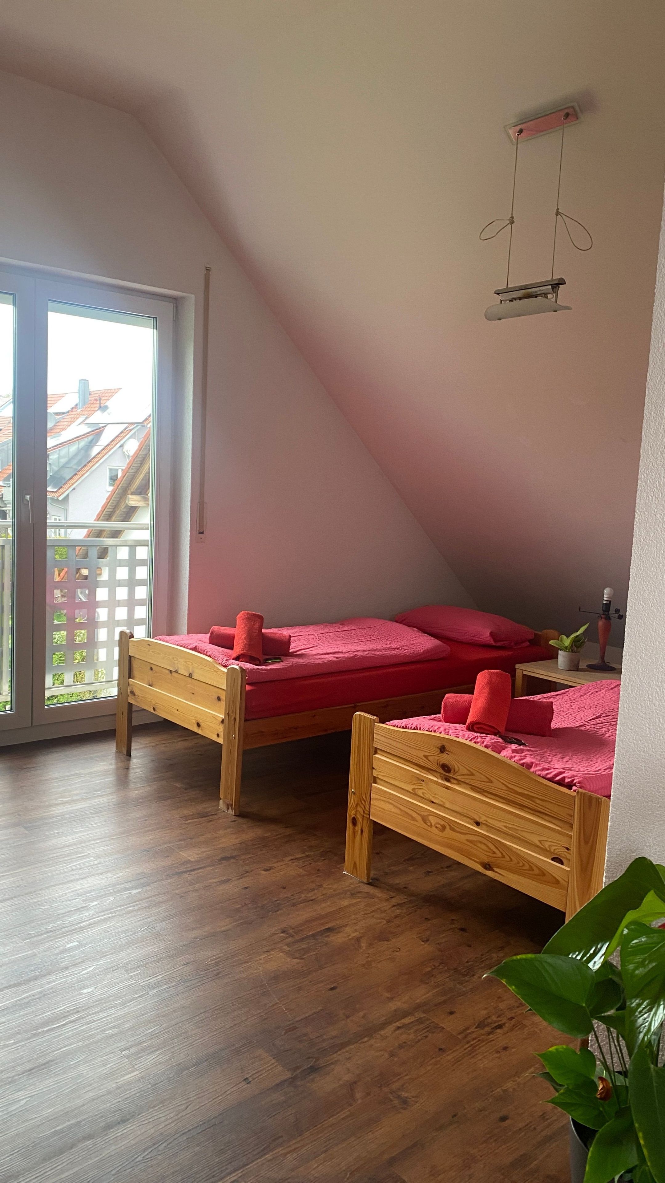 A room with two wooden beds, a potted plant, and a balcony with a view of buildings.