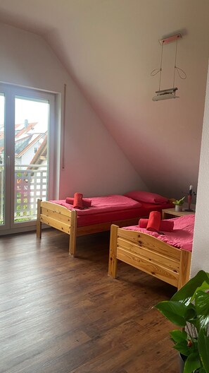 A room with two wooden beds, a potted plant, and a balcony with a view of buildings.