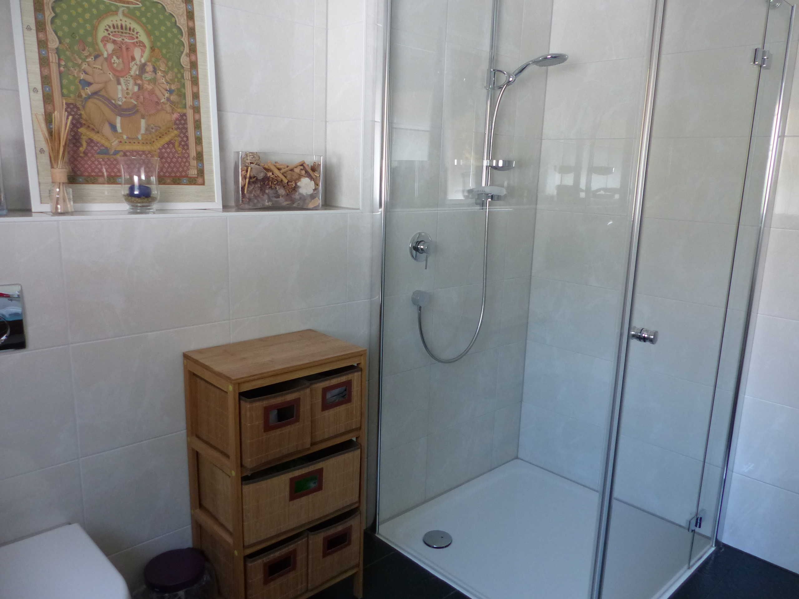A bathroom with a glass shower enclosure, a toilet, and a wooden storage unit.