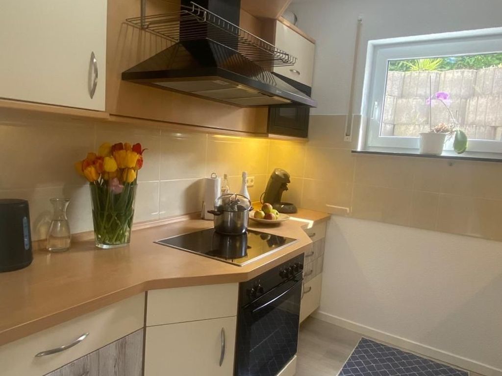 Une cuisine moderne équipée d’une cuisinière, d’un évier et d’un four. Une fenêtre offre une vue sur un jardin.