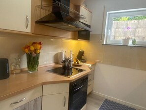 Cocina moderna con estufa, fregadero y horno. Se ve un jardín a través de la ventana.
