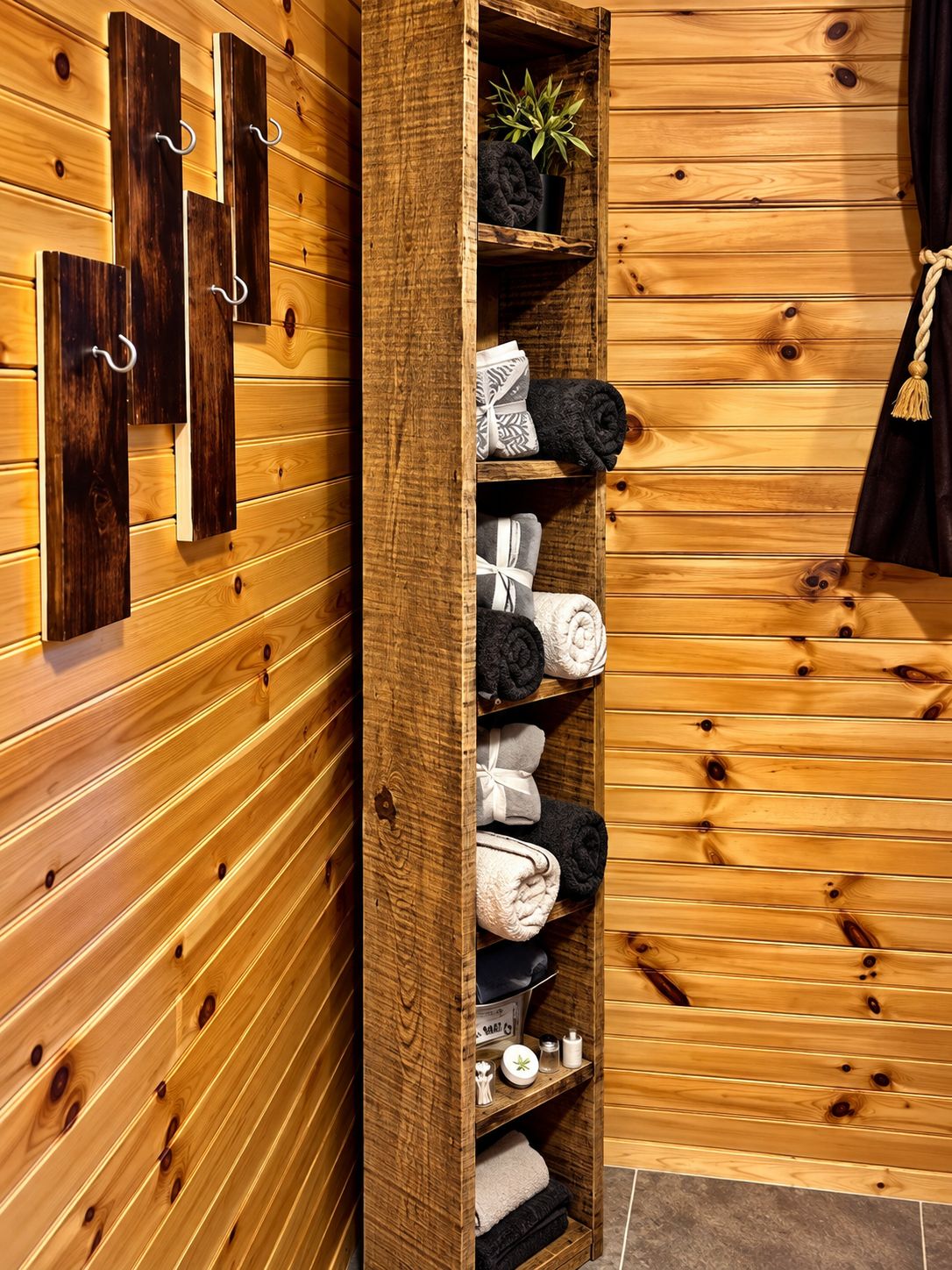 A wooden wall with a built-in shelf holding towels and toiletries.