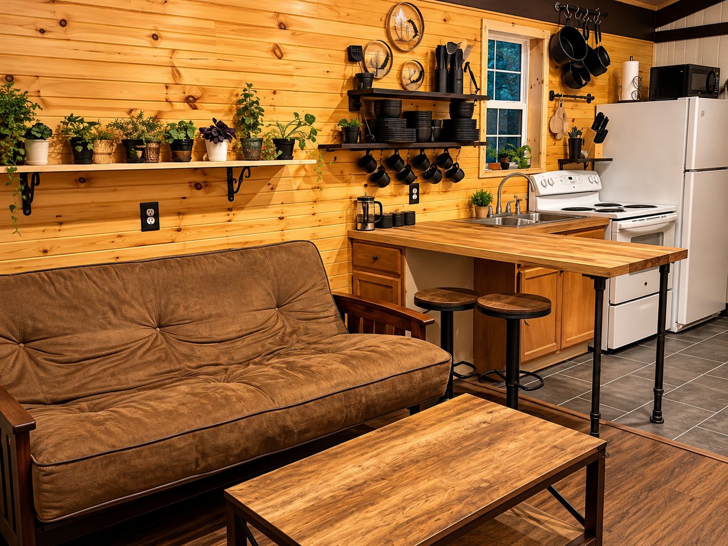 A cozy kitchen with a wooden wall, a sofa, a dining table, and a stove.