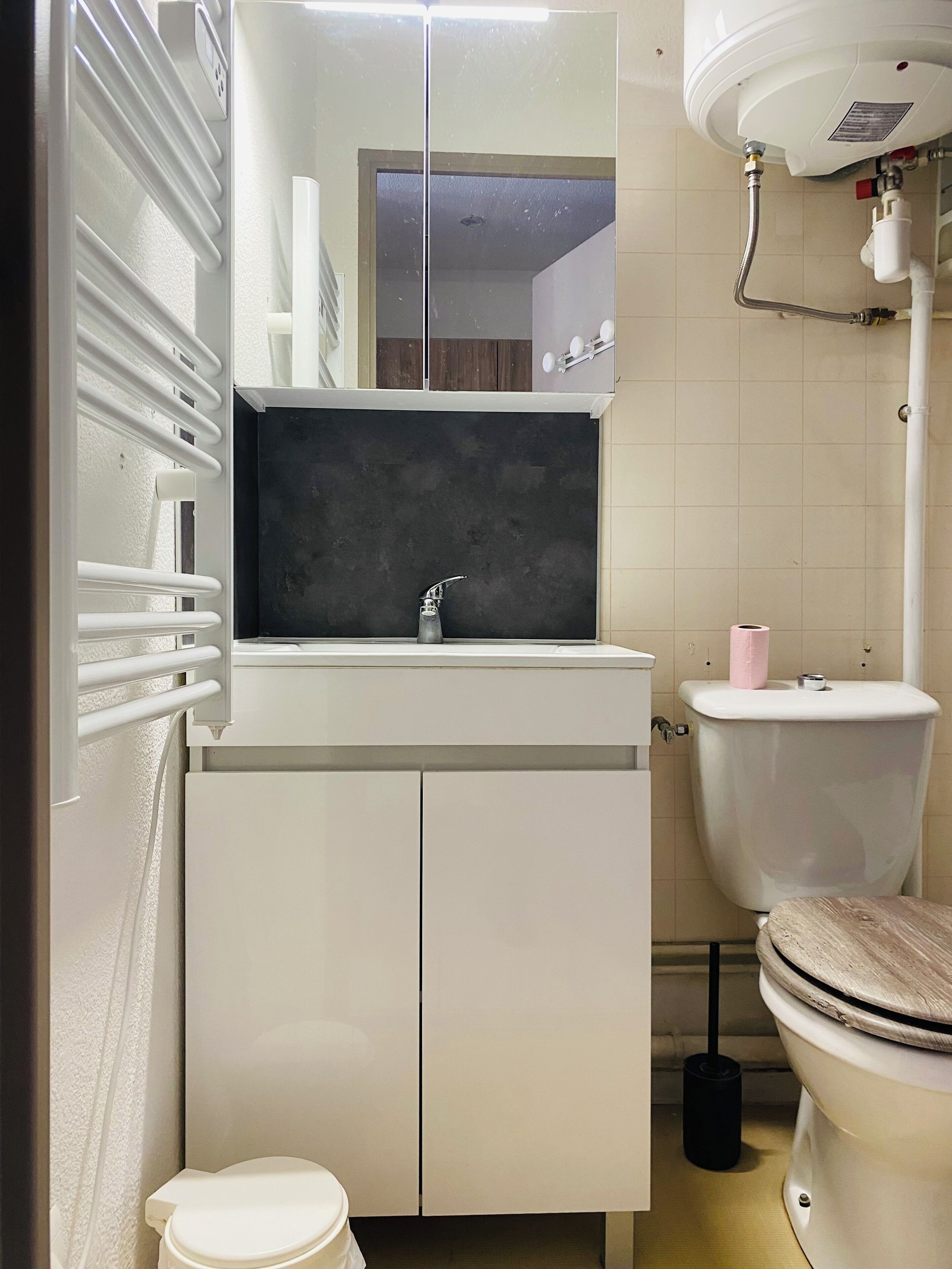 Secador de pelo, toallas y papel higiénico