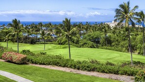 Un camp de golf amb vista a l'oceà i palmeres.