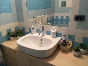 Shower, hair dryer, bidet, towels