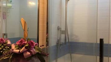Shower, hair dryer, bidet, towels