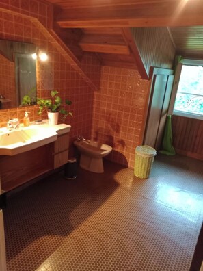 Een bad/douchecombinatie, een haardroger, een bidet, handdoeken