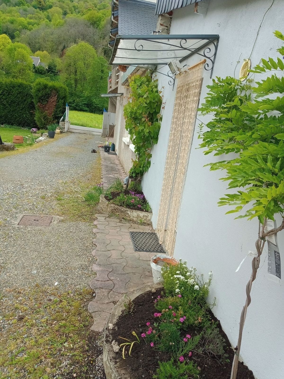 A narrow pathway leading to a white building with a sloped roof, surrounded by greenery and a small garden with pink flowers.