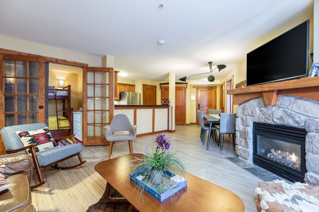 Smart TV, fireplace, books