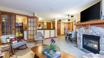 Smart TV, fireplace, books