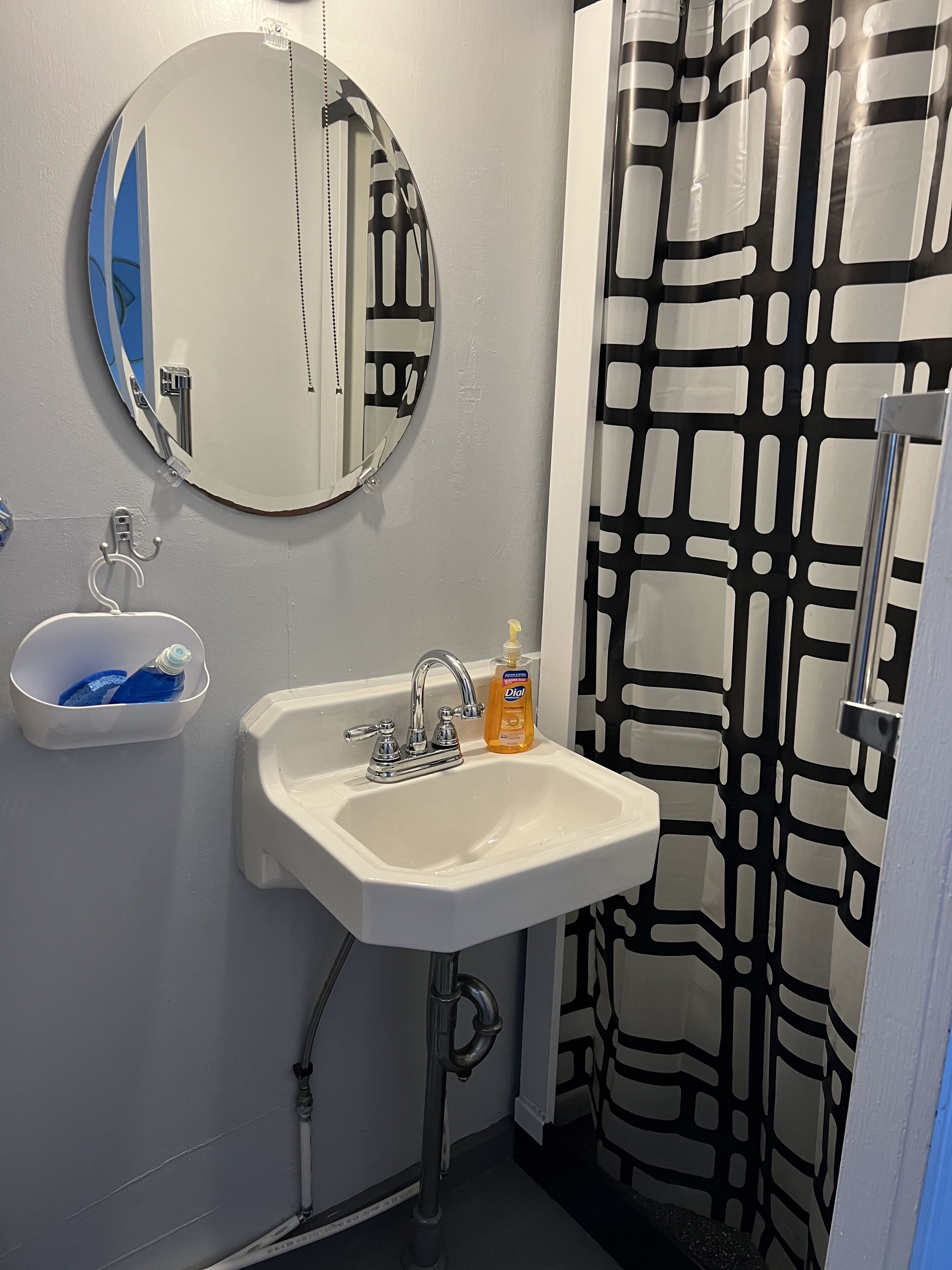 A bathroom with a white sink, a mirror, a bottle of soap, and a black and white patterned shower curtain.