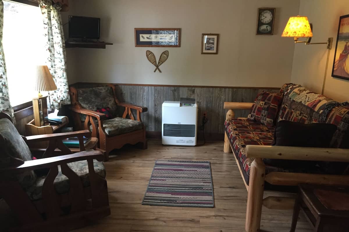 A living room with a wooden floor, a patterned rug, a sofa, a chair, a table, and a standing heater.