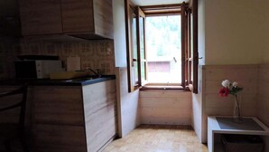 Una cocina estrecha con armarios de madera, un lavamanos y una ventana que da a un espacio exterior pequeño.