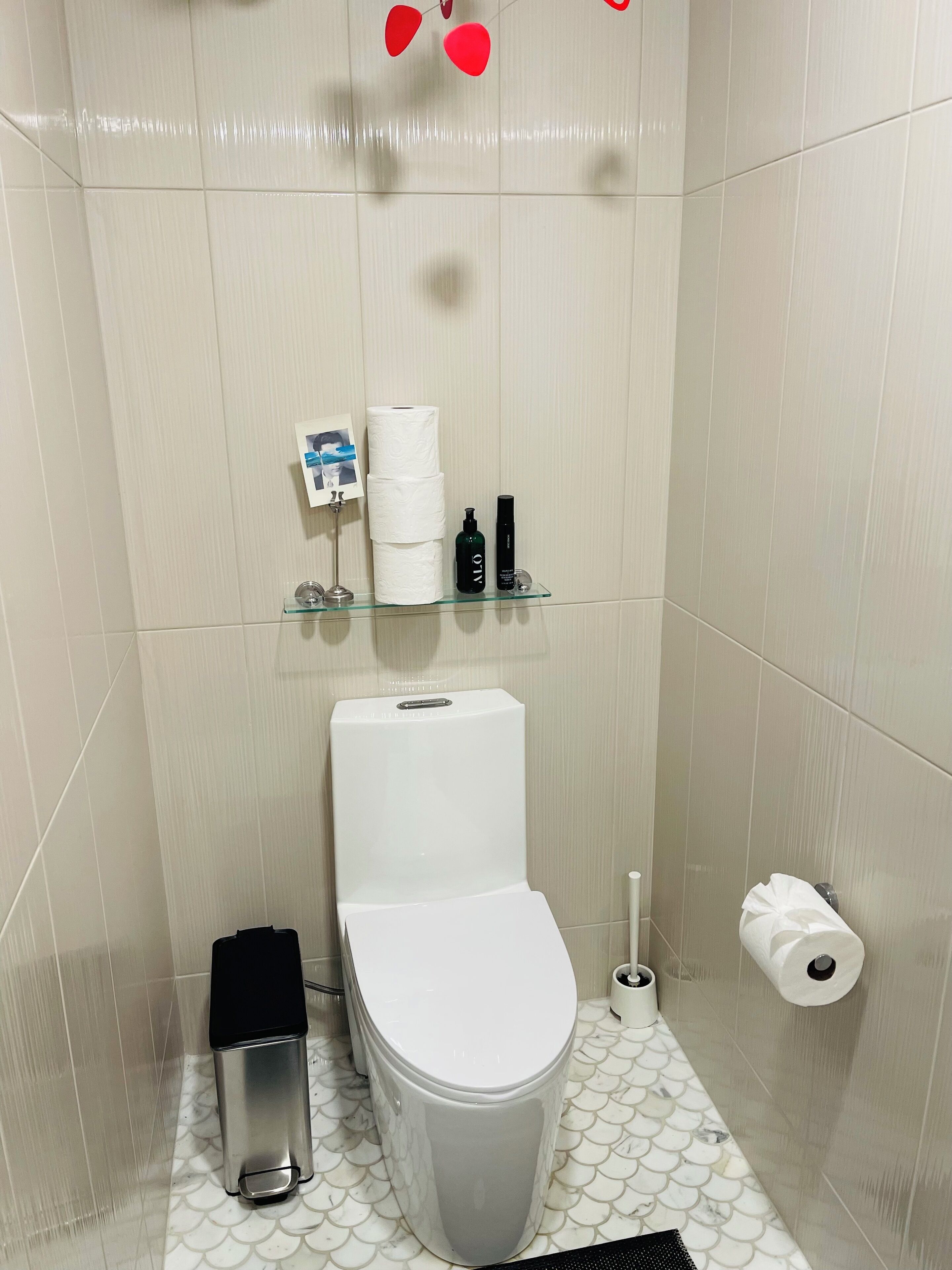 Un baño pequeño con inodoro, repisas de vidrio con artículos de aseo personal y un dispensador de papel higiénico.