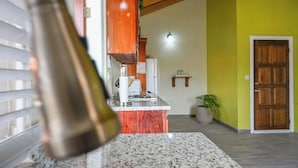 A kitchen with granite countertops, wooden cabinets, a refrigerator, and a potted plant. - Eden Villas (Corinth)