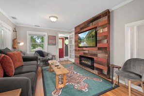 Smart TV, fireplace, books