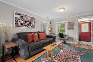 Smart TV, fireplace, books