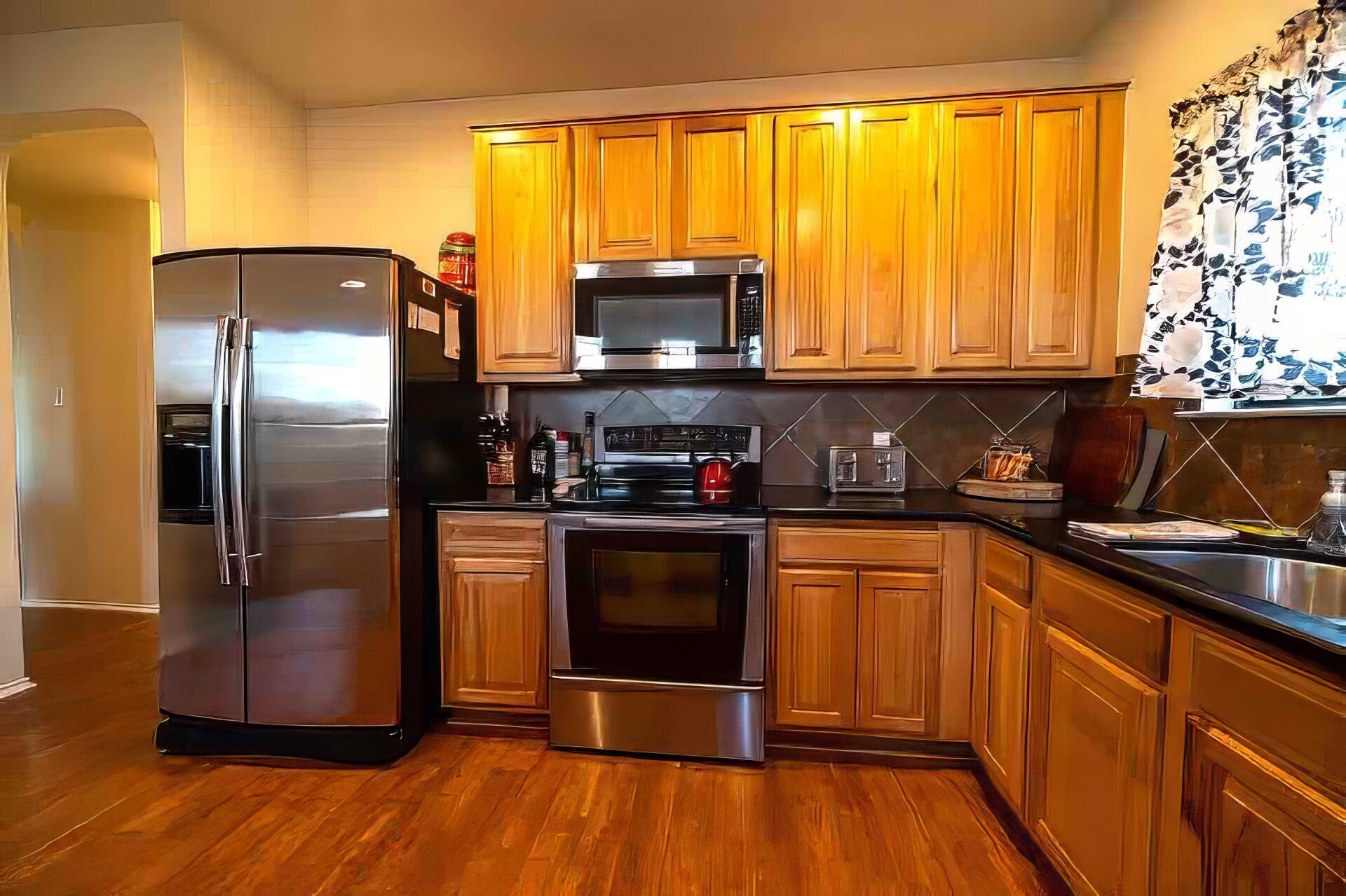 Fridge, microwave, oven, stovetop