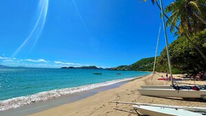 A beach with boats, palm trees, and a clear blue sky. - Palm House (Grenadines)