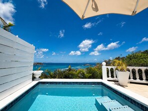Ein Swimmingpool mit Meerblick, einem weißen Zaun und einer Topfpflanze.