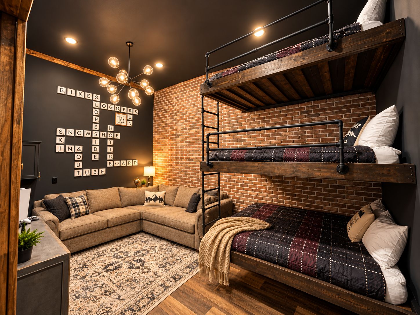 Garage was converted into a cool rec room with 85" TV and a 6th bedroom with a triple bunk designed for teens or adults
