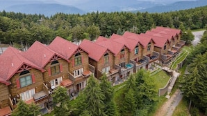 Une rangée de chalets en rondins aux toits rouges, nichés dans une zone boisée et offrant une vue sur des montagnes lointaines.