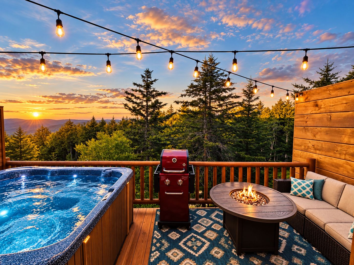 A deck with a hot tub, a barbecue grill, a fire pit, outdoor seating, and string lights against a backdrop of trees and a sunset.