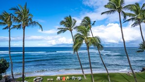 Vista de una playa con palmeras, olas del océano y una zona verde con sillas de descanso.