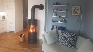A modern living room with a wood-burning stove, a sofa with patterned cushions, a bookshelf, and a kitchen area with cabinets and a kettle.