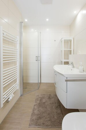 Douche, séchoir à cheveux, serviettes fournies
