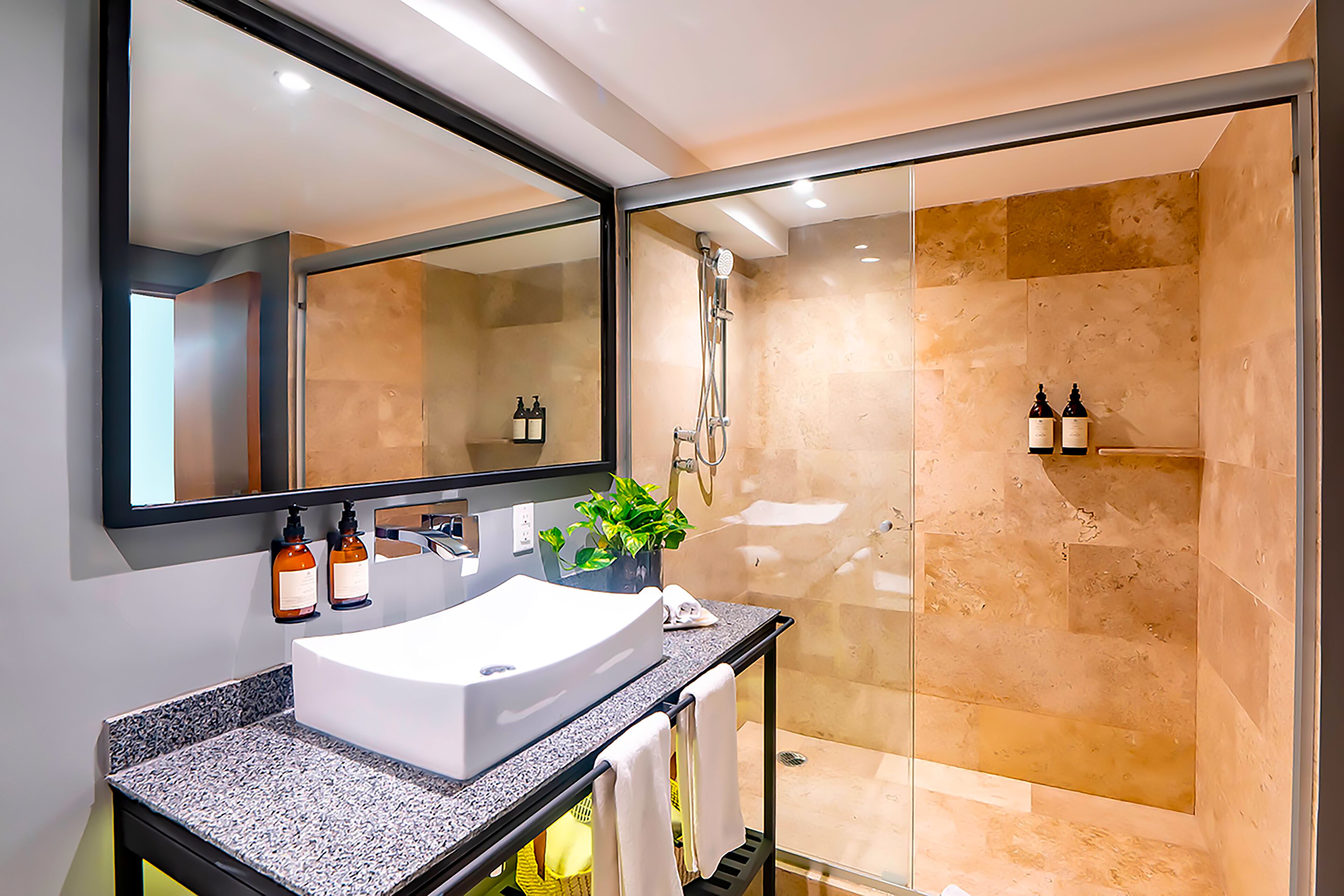 shower, rainfall showerhead, hair dryer, bathrobes