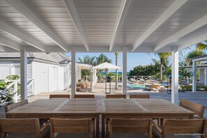 A covered outdoor area with a pool, wooden tables and chairs, and umbrellas.