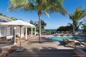 A wooden deck with lounge chairs and a pool, surrounded by palm trees and a clear view of the ocean.