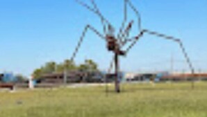Eine große, spinnenartige Skulptur in einem offenen Feld.